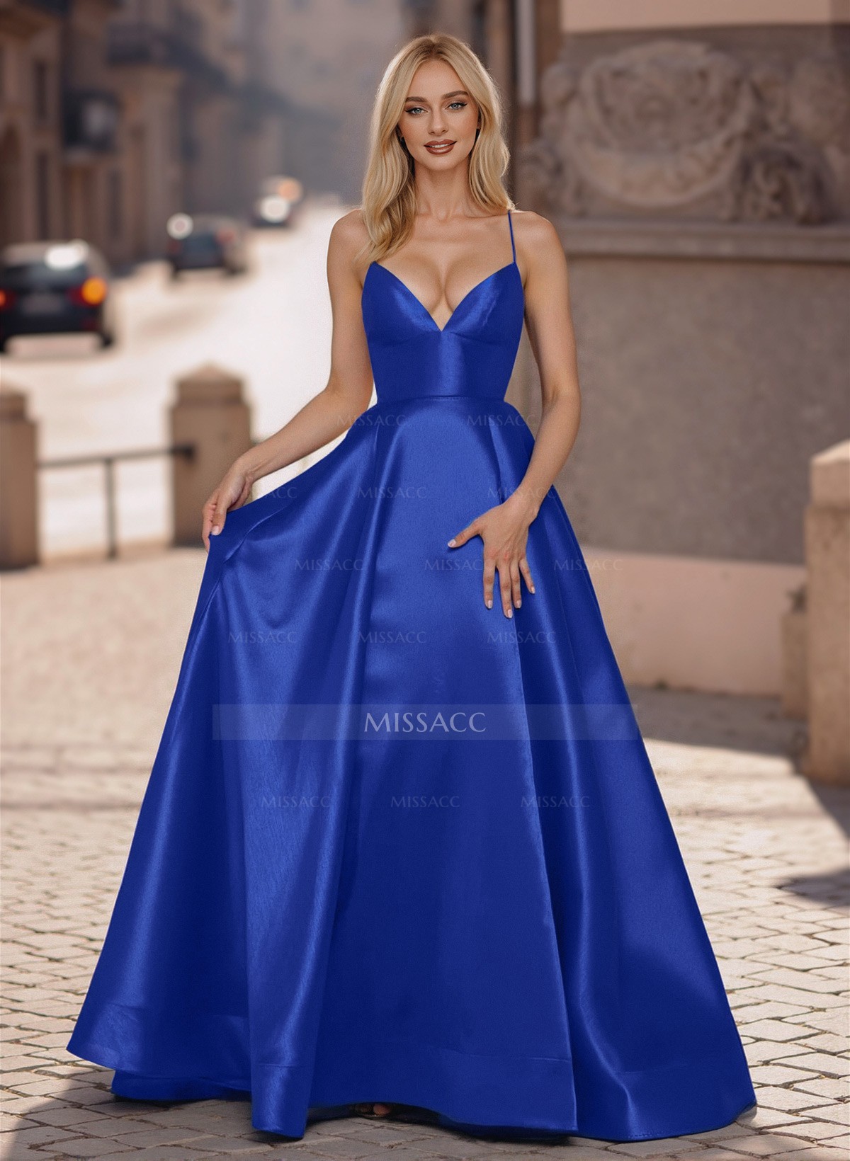 A-Line Plunge Neck Sleeveless Sweep Train Satin Prom Dresses