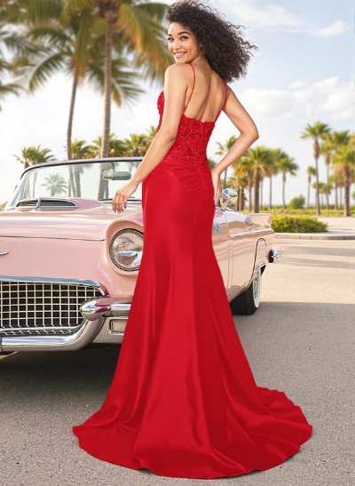 Sheath/Column V-Neck Sleeveless Silk Like Satin Prom Dress With High Split