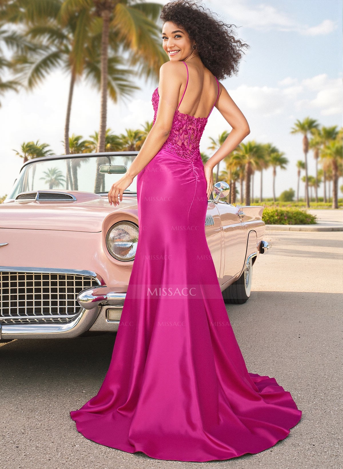 Sheath/Column V-Neck Sleeveless Silk Like Satin Prom Dress With High Split