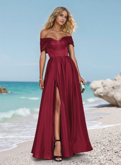 Draped Off-Shoulder A-Line Satin Prom Dresses With High Split