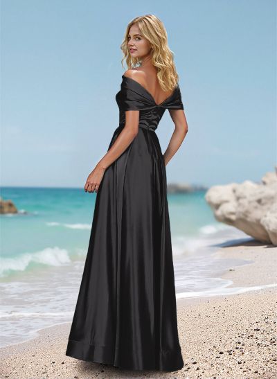 A-Line Off-The-Shoulder Sleeveless Satin Prom Dresses With High Split