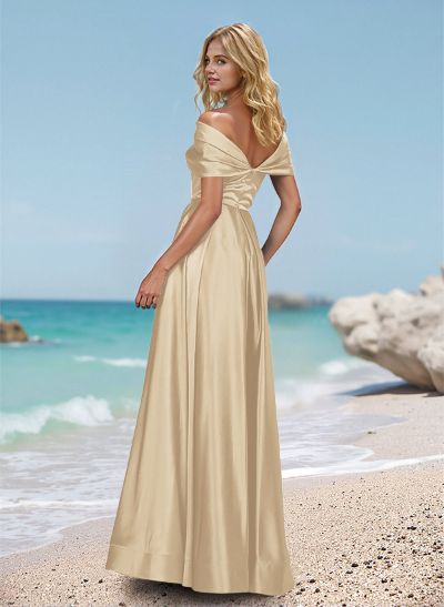 Draped Off-Shoulder A-Line Satin Prom Dresses With High Split