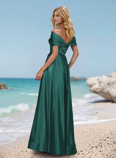 Draped Off-Shoulder A-Line Satin Prom Dresses With High Split