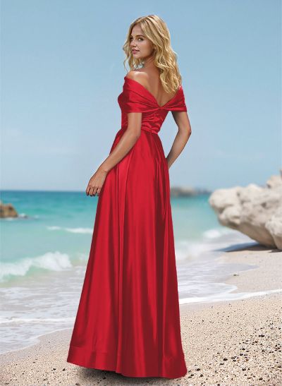 Draped Off-Shoulder A-Line Satin Prom Dresses With High Split