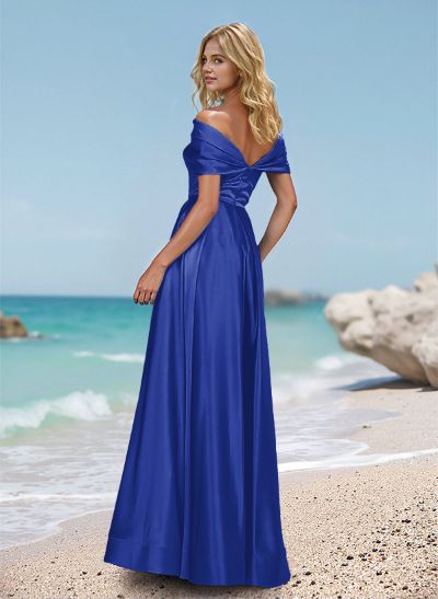 A-Line Off-The-Shoulder Sleeveless Satin Prom Dresses With High Split