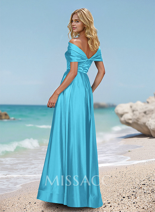 Draped Off-Shoulder A-Line Satin Prom Dresses With High Split