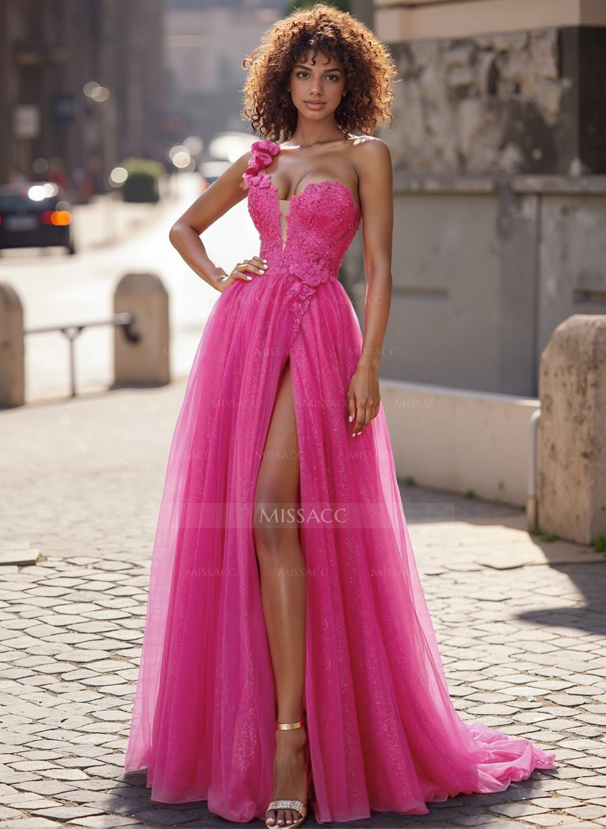 A-Line One-Shoulder Sleeveless Tulle Prom Dresses With Flower(s)