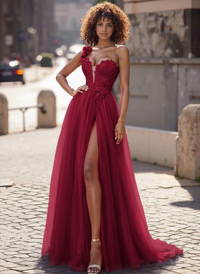 A-Line One-Shoulder Sleeveless Tulle Prom Dresses With Flower(s)