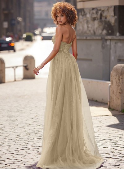 A-Line One-Shoulder Sleeveless Tulle Prom Dresses With Flower(s)