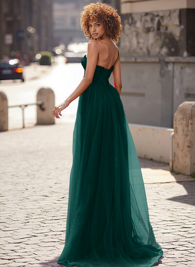 Exquisite Floral Applique Plunge One-Shoulder Tulle Prom Dresses