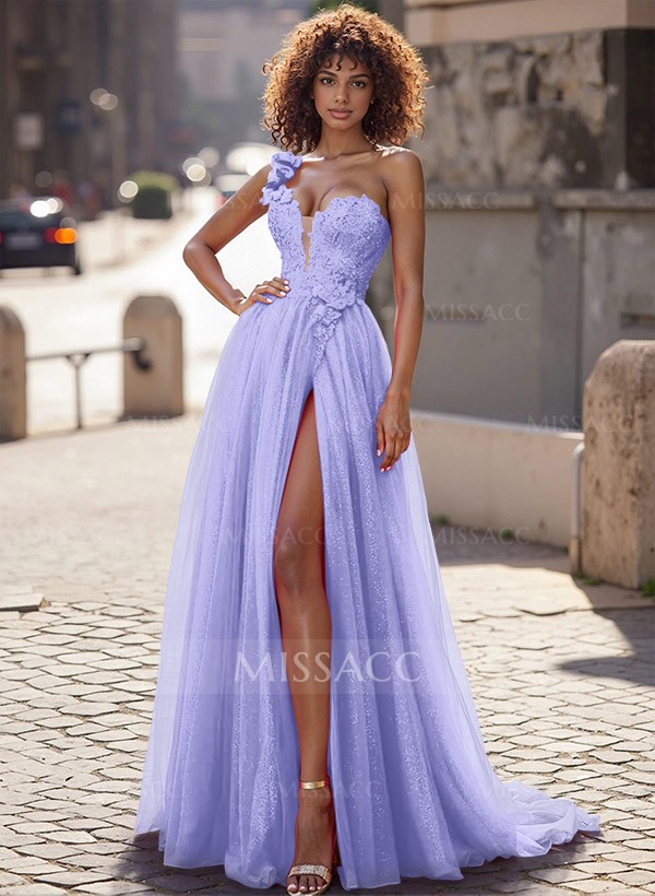Exquisite Floral Applique Plunge One-Shoulder Tulle Prom Dresses