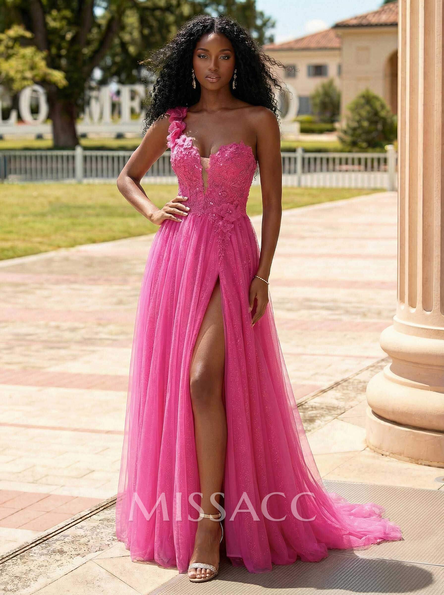 Exquisite Floral Applique Plunge One-Shoulder Tulle Prom Dresses