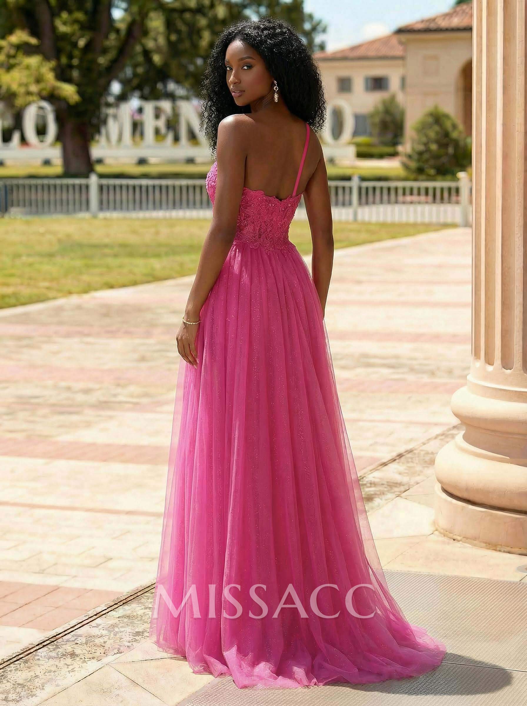 Exquisite Floral Applique Plunge One-Shoulder Tulle Prom Dresses