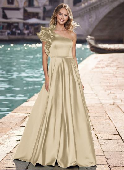 A-Line One-Shoulder Sleeveless Satin Prom Dresses With Shoulder Ruffle