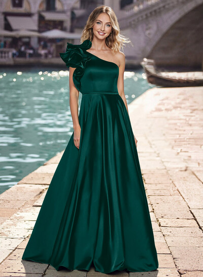 Modest One-Shoulder With Ruffle Detail A-Line Satin Prom Dresses
