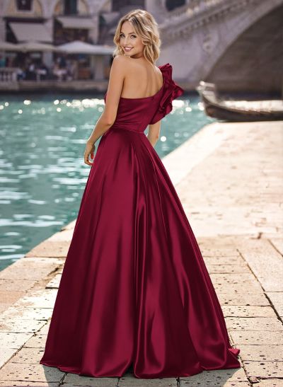 A-Line One-Shoulder Sleeveless Satin Prom Dresses With Shoulder Ruffle