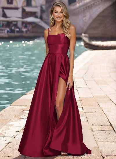 A-Line Square Neckline Sleeveless Satin Prom Dresses With High Split