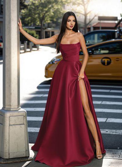 Classic Strapless Ruched A-Line Satin Prom Dresses With High Split