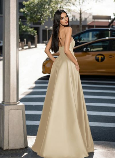 Classic Strapless Ruched A-Line Satin Prom Dresses With High Split