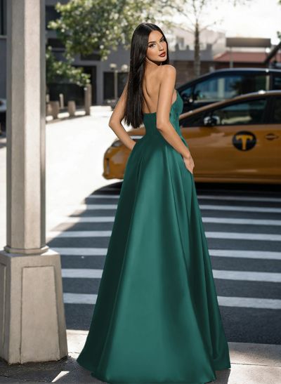 A-Line Strapless Sleeveless Floor-Length Satin Prom Dresses