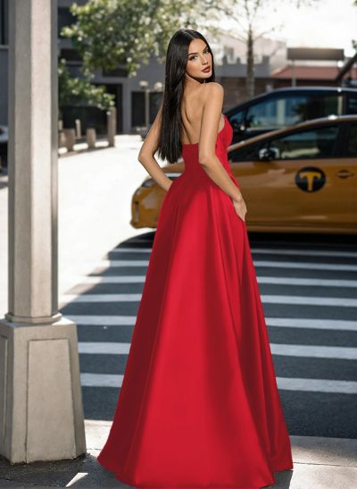 Classic Strapless Ruched A-Line Satin Prom Dresses With High Split