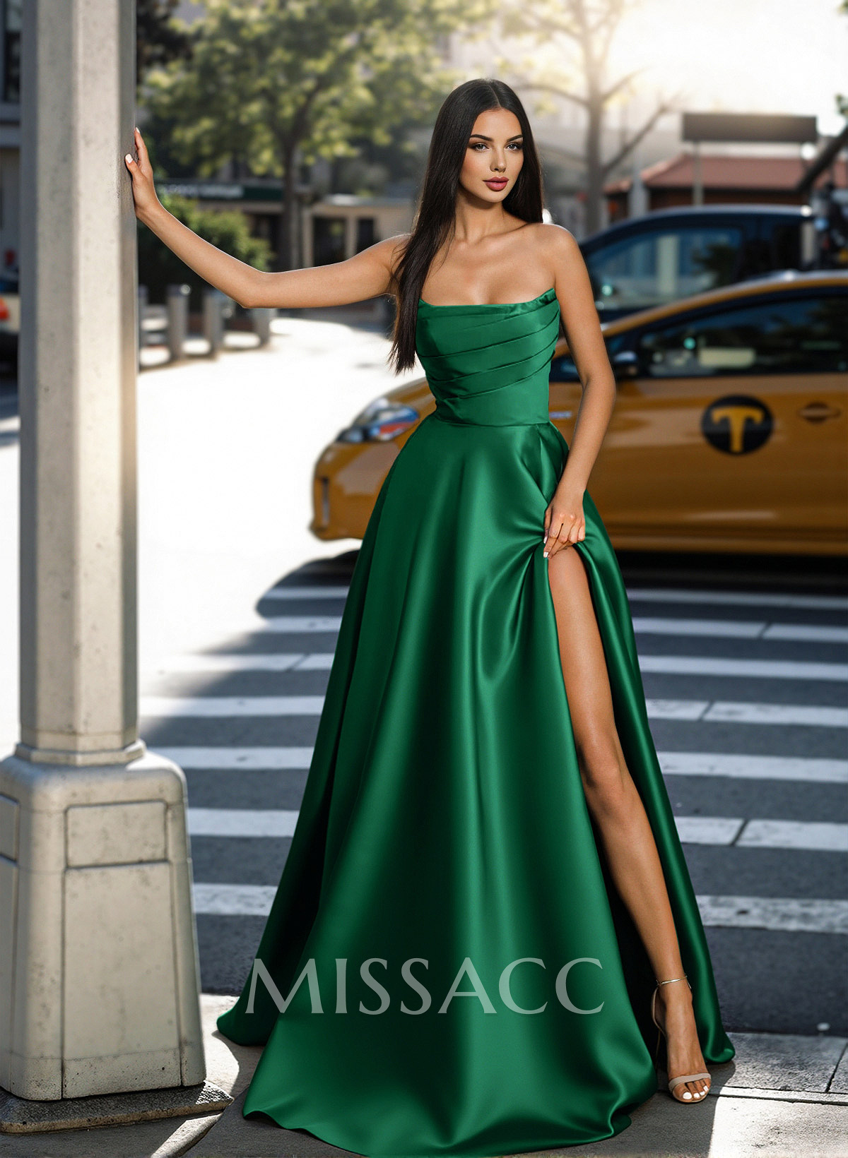 Classic Strapless Ruched A-Line Satin Prom Dresses With High Split Classic Strapless Ruched A-Line Satin Prom Dresses With High Split