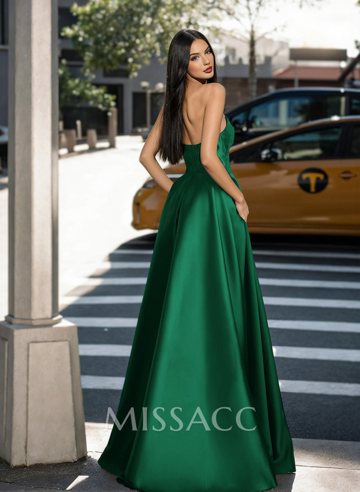 Classic Strapless Ruched A-Line Satin Prom Dresses With High Split Classic Strapless Ruched A-Line Satin Prom Dresses With High Split