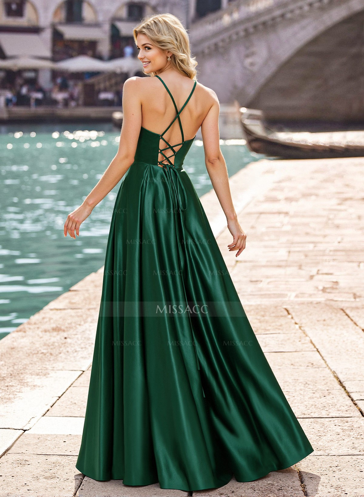 Modest A-Line Spaghetti Straps Satin Prom Dresses With Strappy Back