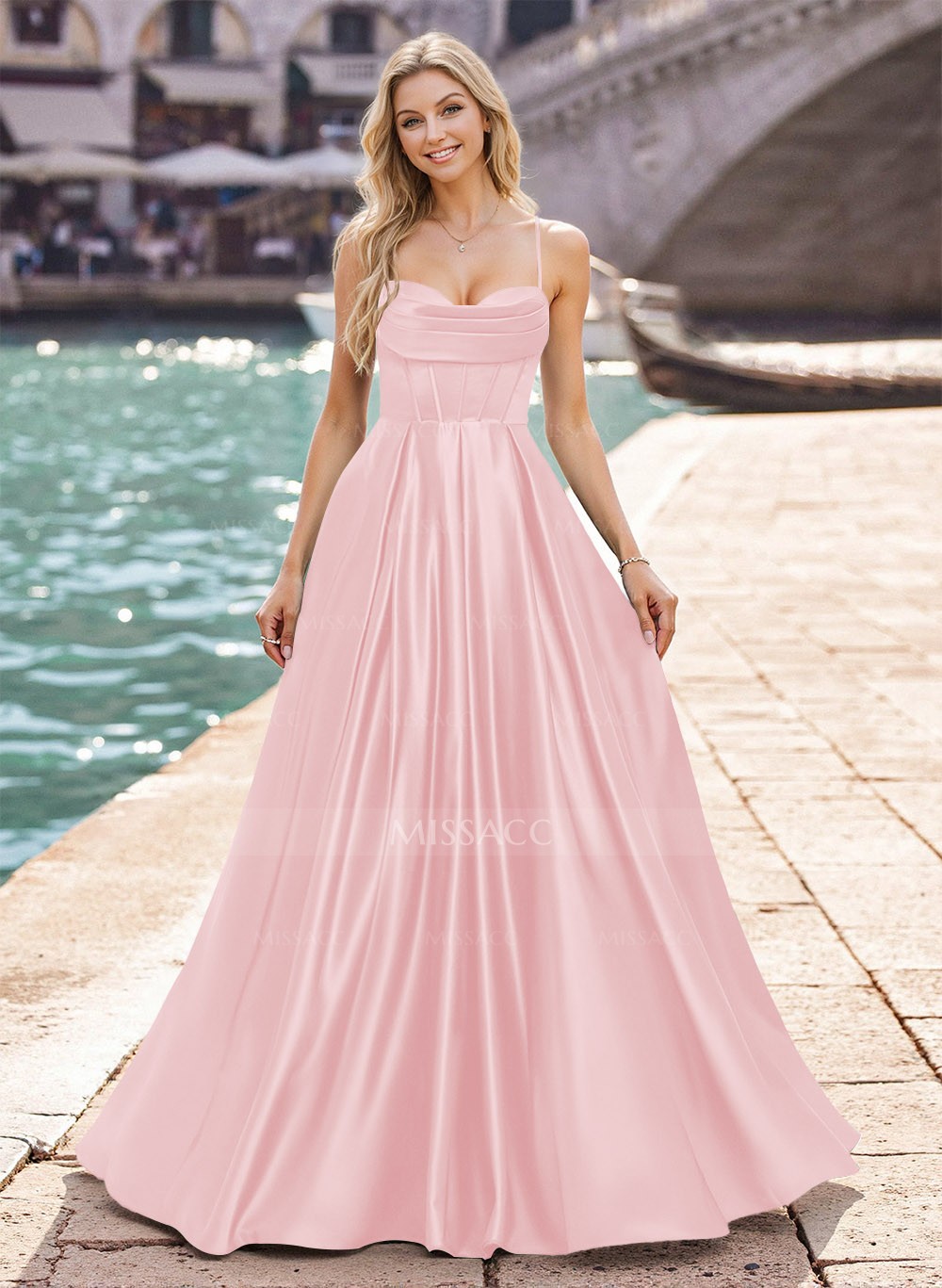 Modest A-Line Spaghetti Straps Satin Prom Dresses With Strappy