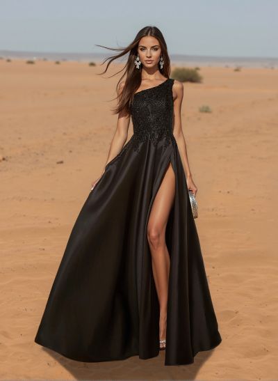 Unique One-Shoulder Cutout In Back Prom Dresses With Lace Applique