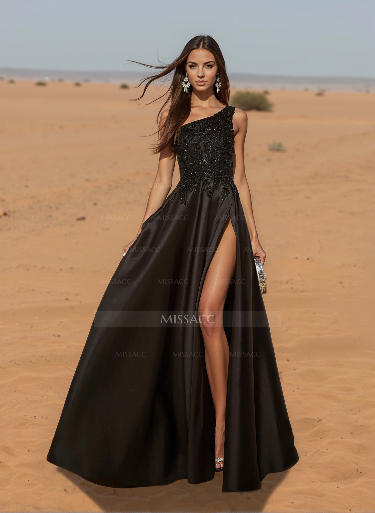 A-Line One-Shoulder Sleeveless Satin Prom Dresses With High Split