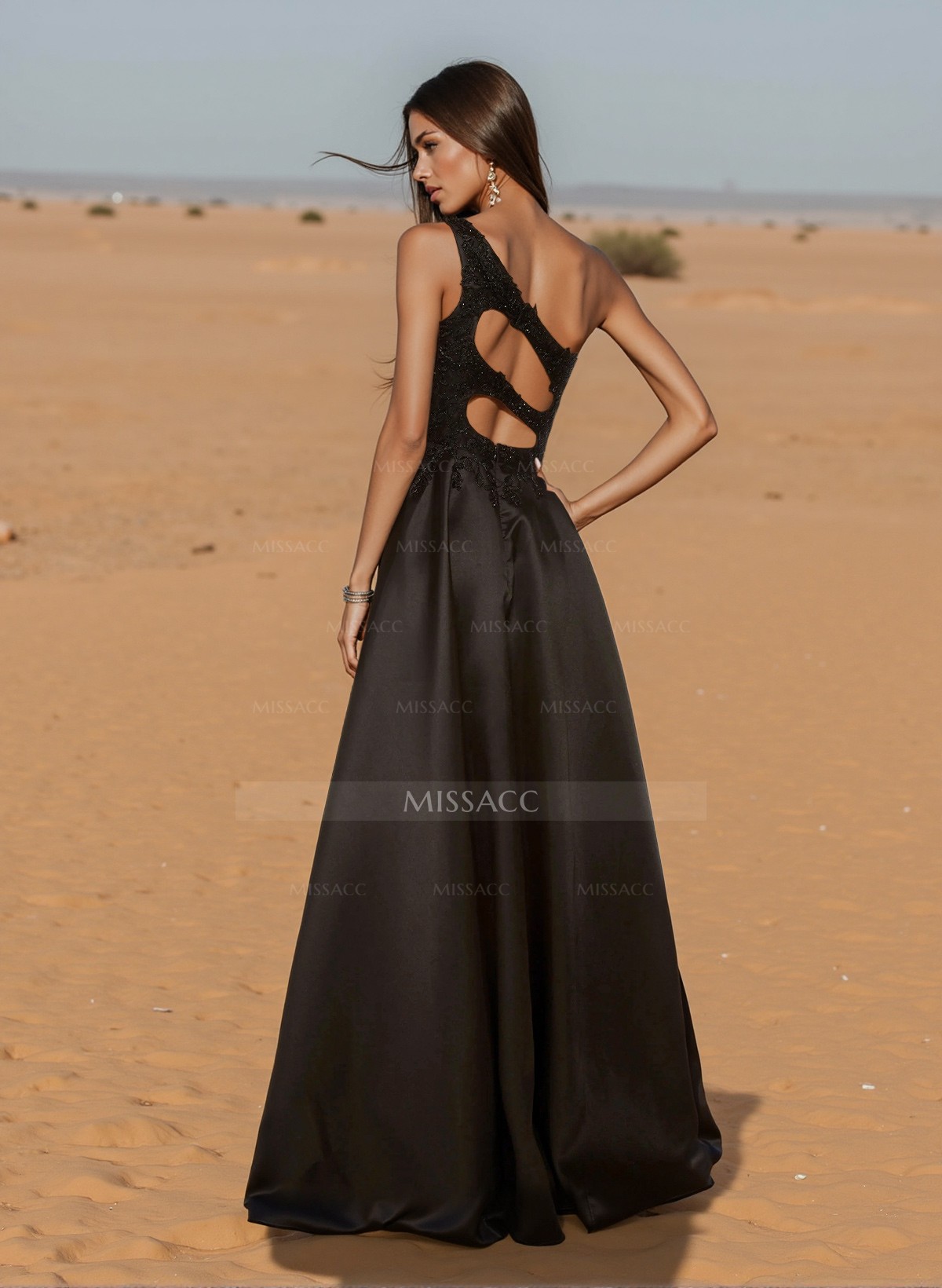 A-Line One-Shoulder Sleeveless Satin Prom Dresses With High Split