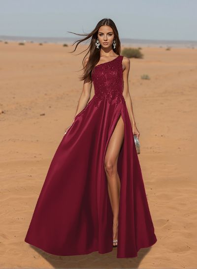 Unique One-Shoulder Cutout In Back Prom Dresses With Lace Applique