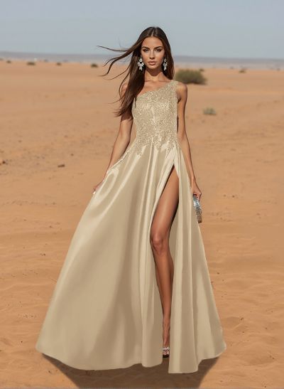 Unique One-Shoulder Cutout In Back Prom Dresses With Lace Applique