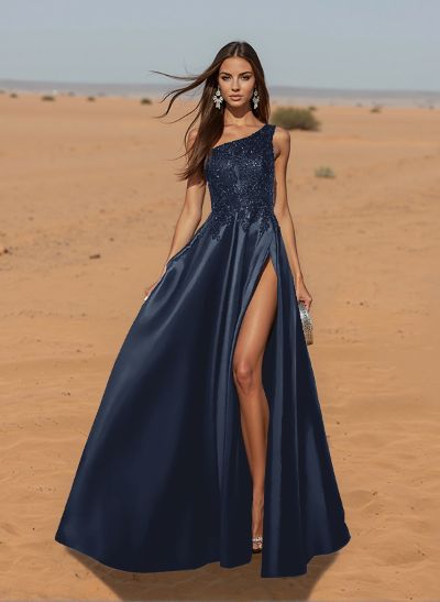 Unique One-Shoulder Cutout In Back Prom Dresses With Lace Applique