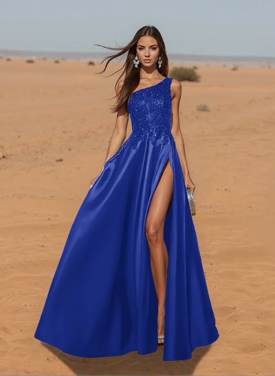 Unique One-Shoulder Cutout In Back Prom Dresses With Lace Applique