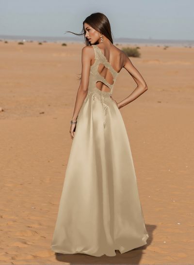 Unique One-Shoulder Cutout In Back Prom Dresses With Lace Applique