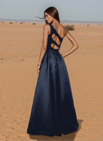 Unique One-Shoulder Cutout In Back Prom Dresses With Lace Applique