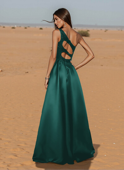 Unique One-Shoulder Cutout In Back Prom Dresses With Lace Applique