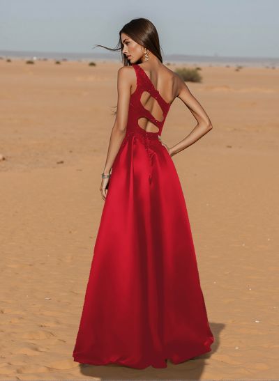 Unique One-Shoulder Cutout In Back Prom Dresses With Lace Applique