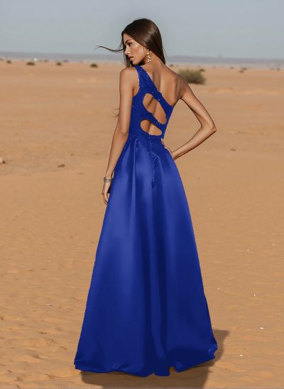 Unique One-Shoulder Cutout In Back Prom Dresses With Lace Applique