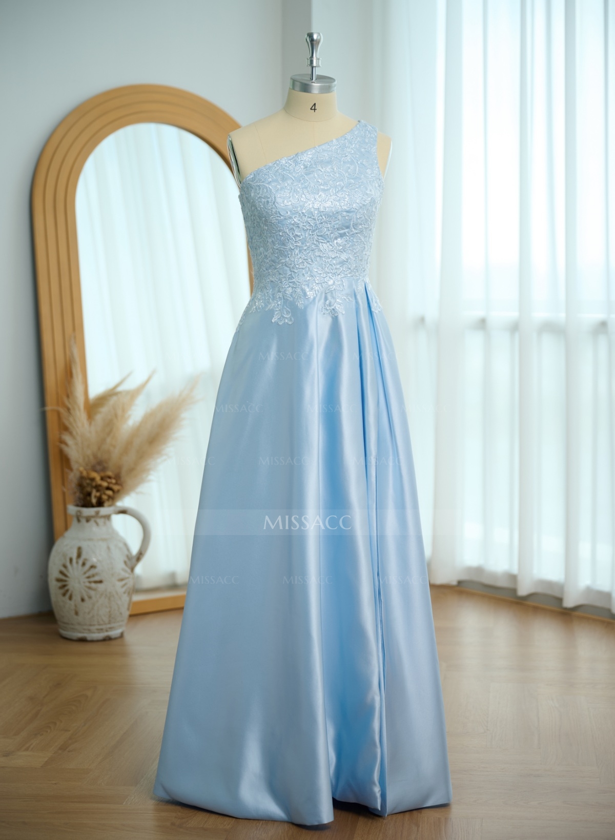 Unique One-Shoulder Cutout In Back Prom Dresses With Lace Applique