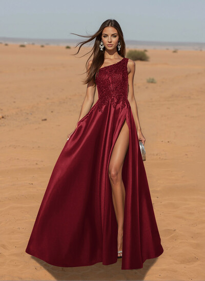 Unique One-Shoulder Cutout In Back Prom Dresses With Lace Applique