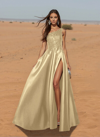Unique One-Shoulder Cutout In Back Prom Dresses With Lace Applique