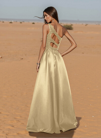 Unique One-Shoulder Cutout In Back Prom Dresses With Lace Applique