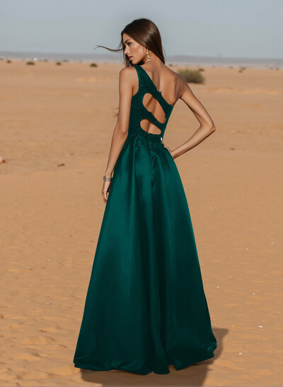Unique One-Shoulder Cutout In Back Prom Dresses With Lace Applique