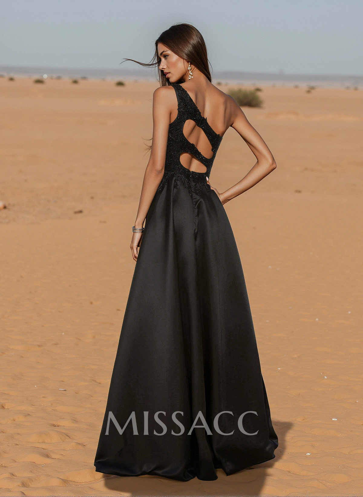 Unique One-Shoulder Cutout In Back Prom Dresses With Lace Applique Unique One-Shoulder Cutout In Back Prom Dresses With Lace Applique