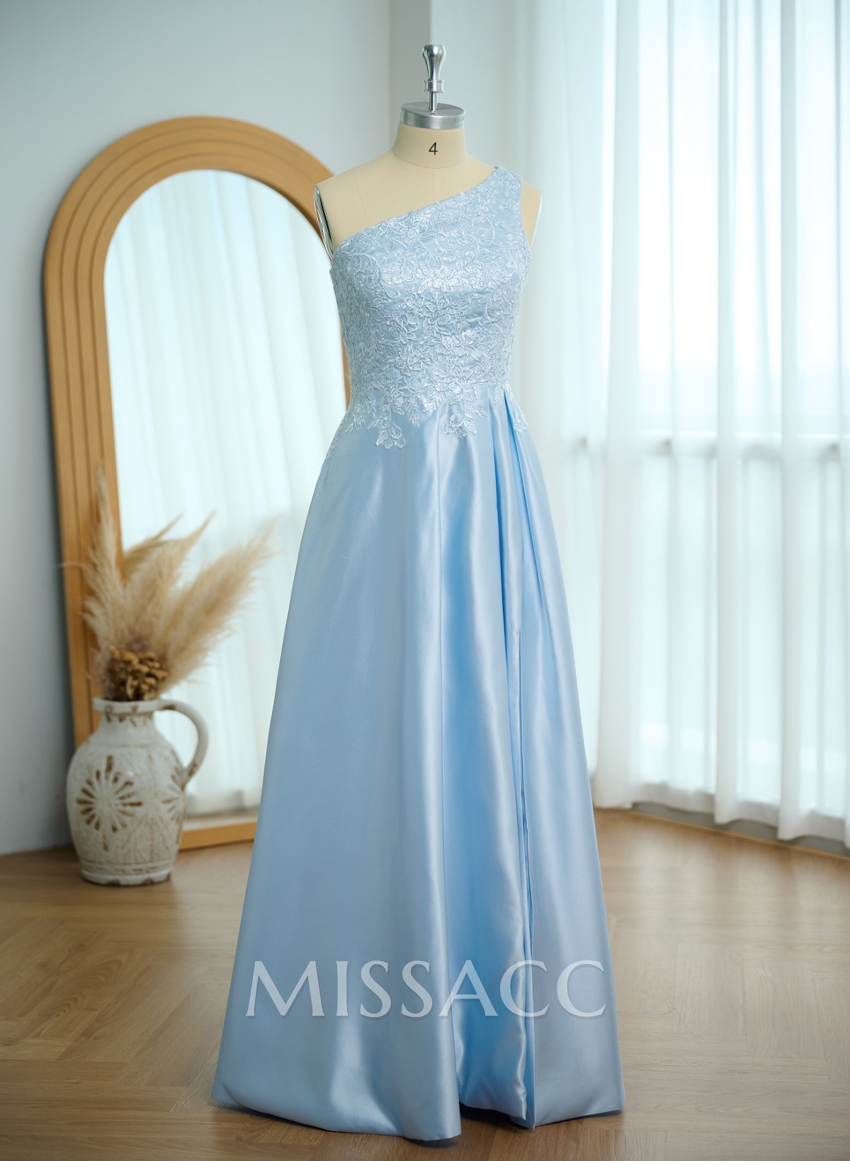 Unique One-Shoulder Cutout In Back Prom Dresses With Lace Applique Unique One-Shoulder Cutout In Back Prom Dresses With Lace Applique