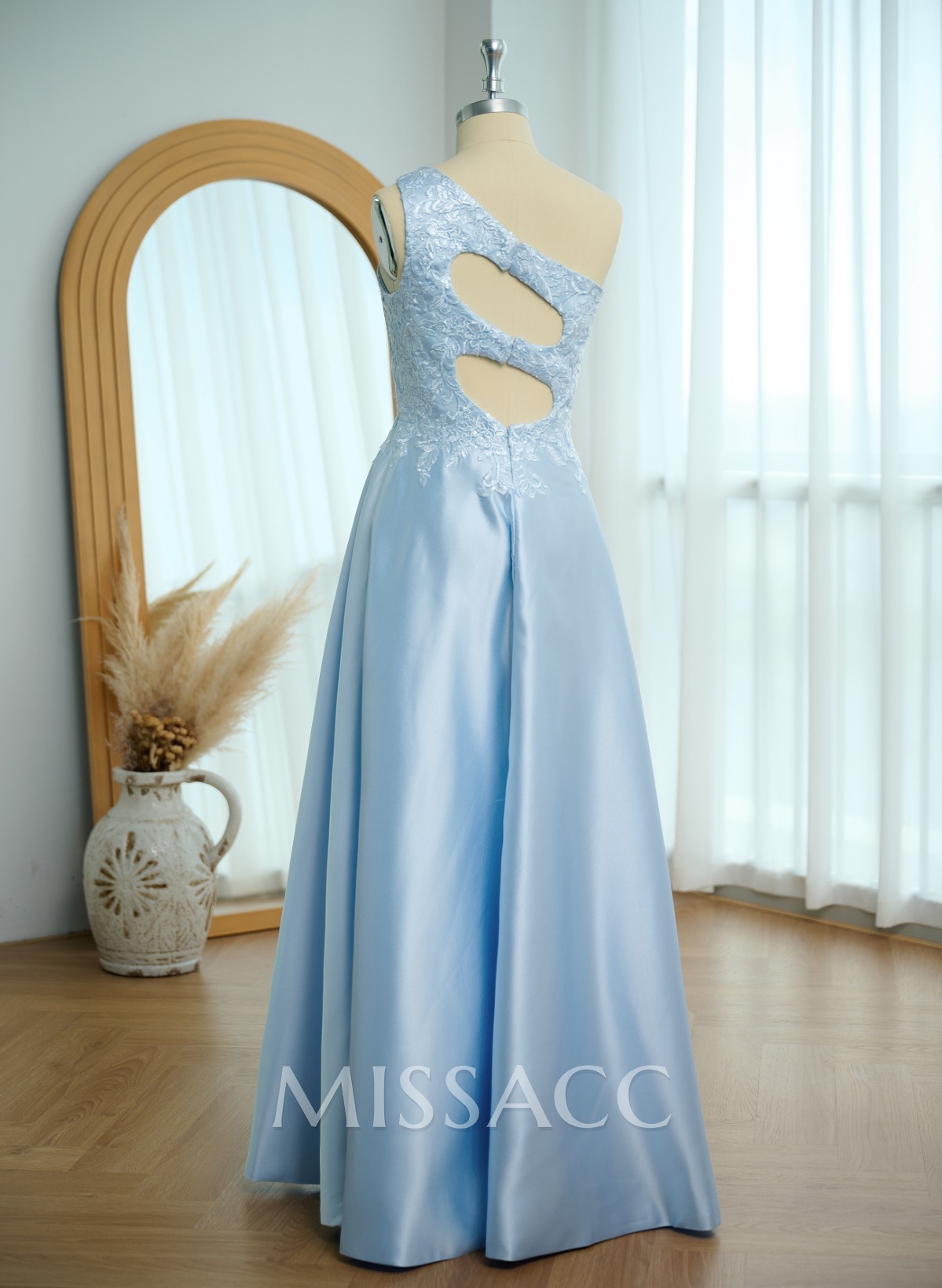 Unique One-Shoulder Cutout In Back Prom Dresses With Lace Applique Unique One-Shoulder Cutout In Back Prom Dresses With Lace Applique