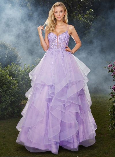 Dreamy Princess Ball Gown Ruffled Skirt Prom Dresses With Floral Applique